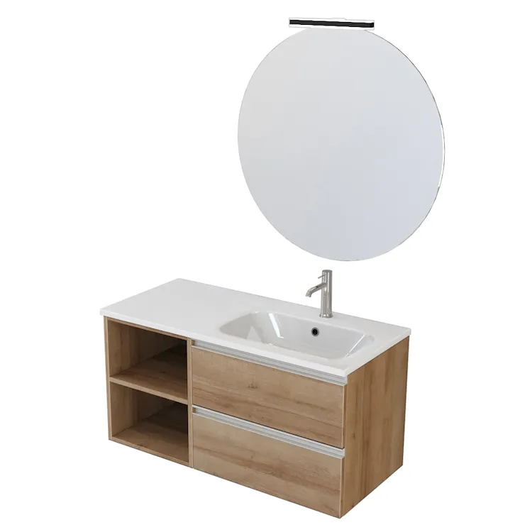 Classic mobile 100 cm sospeso con lavabo, specchio tondo e lampada led rovere farnia codice prod: CL.100R.L.ST.L product photo