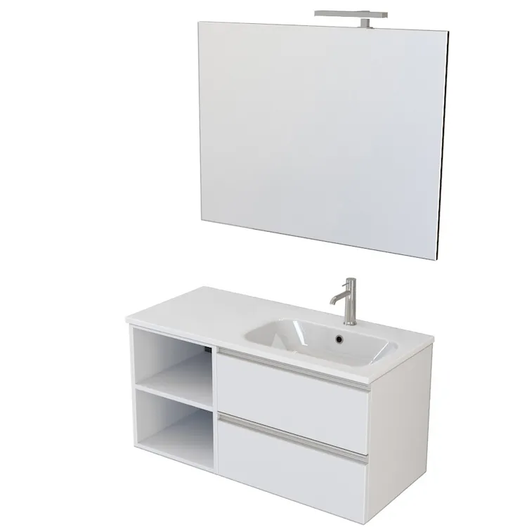 Classic mobile bagno sospeso bianco opaco 100 cm con lavabo e specchio e lampada led codice prod: CL.100B.L.SR.L product photo