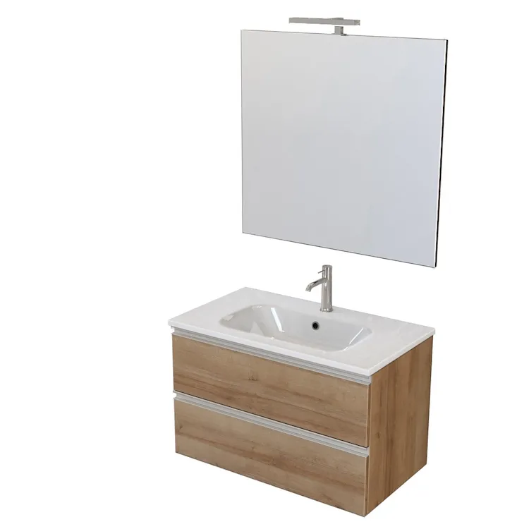 Classic mobile bagno sospeso rovere farnia 80 cm con lavabo e specchio e lampada led codice prod: CL.80G.L.SR.L product photo